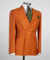 A slim-fit orange double-breasted blazer with a shawl collar and gold buttons.