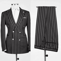 A black double-breasted suit set featuring white vertical stripes, including a blazer and trousers.