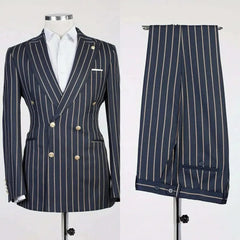 A navy blue double-breasted suit with vertical stripes, gold buttons, and matching trousers.