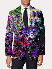 A man wears a regular fit suit jacket featuring a vibrant, multicolored abstract paint print.
