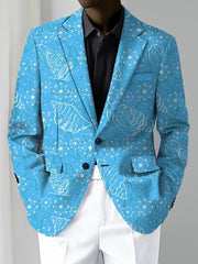 A men's light blue casual blazer featuring a white seashell and floral print pattern.
