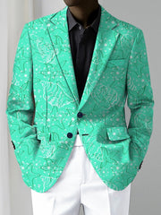 A men's mint green blazer featuring a white seashell and floral print with a two-button closure.