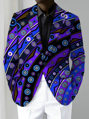 A men's skinny fit blazer featuring a vibrant blue and purple abstract floral print.