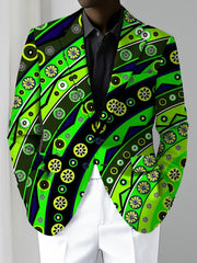 A men's skinny fit blazer featuring a vibrant green and black abstract floral print.