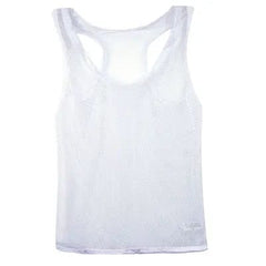 A white sleeveless tank top made of breathable, large-mesh polyester fabric.