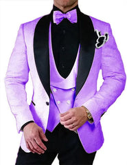 A lavender patterned three-piece tuxedo suit with a black shawl lapel, vest, and bow tie.