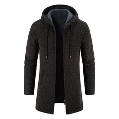 A dark grey, long-sleeve knit zip-up hoodie with a fleece lining and a textured pattern.