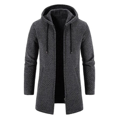 A dark gray, long-sleeve knit hooded sweater jacket with a front zipper and side pockets.