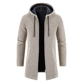 A beige long-sleeve knit cardigan with a fleece-lined hood and a front zipper closure.