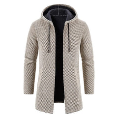 A beige long-sleeve knit cardigan with a fleece-lined hood and a front zipper closure.
