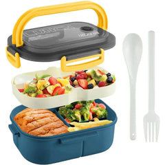 A two-layer blue and cream lunch box with a yellow handle, lid, and matching spoon and fork.