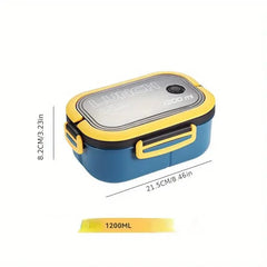 A blue and yellow rectangular lunch box with a clear lid and 1200ml capacity.