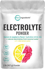 Micro Ingredients Hydration Electrolyte Powder, 2lbs (139 Servings), Keto & No Sugar - High Potassium (1000mg) with Lemon Raspberry Flavored - Made with Real Lemon Juice & Coconut Water - Non - GMO - SHOWLU FASHION STORE