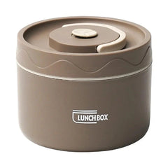 A round, brown insulated lunch box with a white handle and the words LUNCH BOX printed on the side.