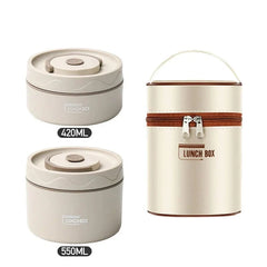 Two round beige lunch boxes of different sizes with a matching insulated carrying bag.