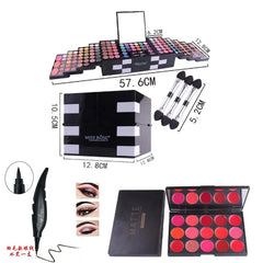 A Miss Rose piano-style makeup kit featuring eyeshadows, blush, applicators, and eyeliner.