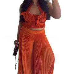 Miyake Pleated New Sexy Suspender V - neck Top Large Skirt Trousers Set Fashionable Solid Color Two Piece Sets Womens Outifits - SHOWLU FASHION STORE