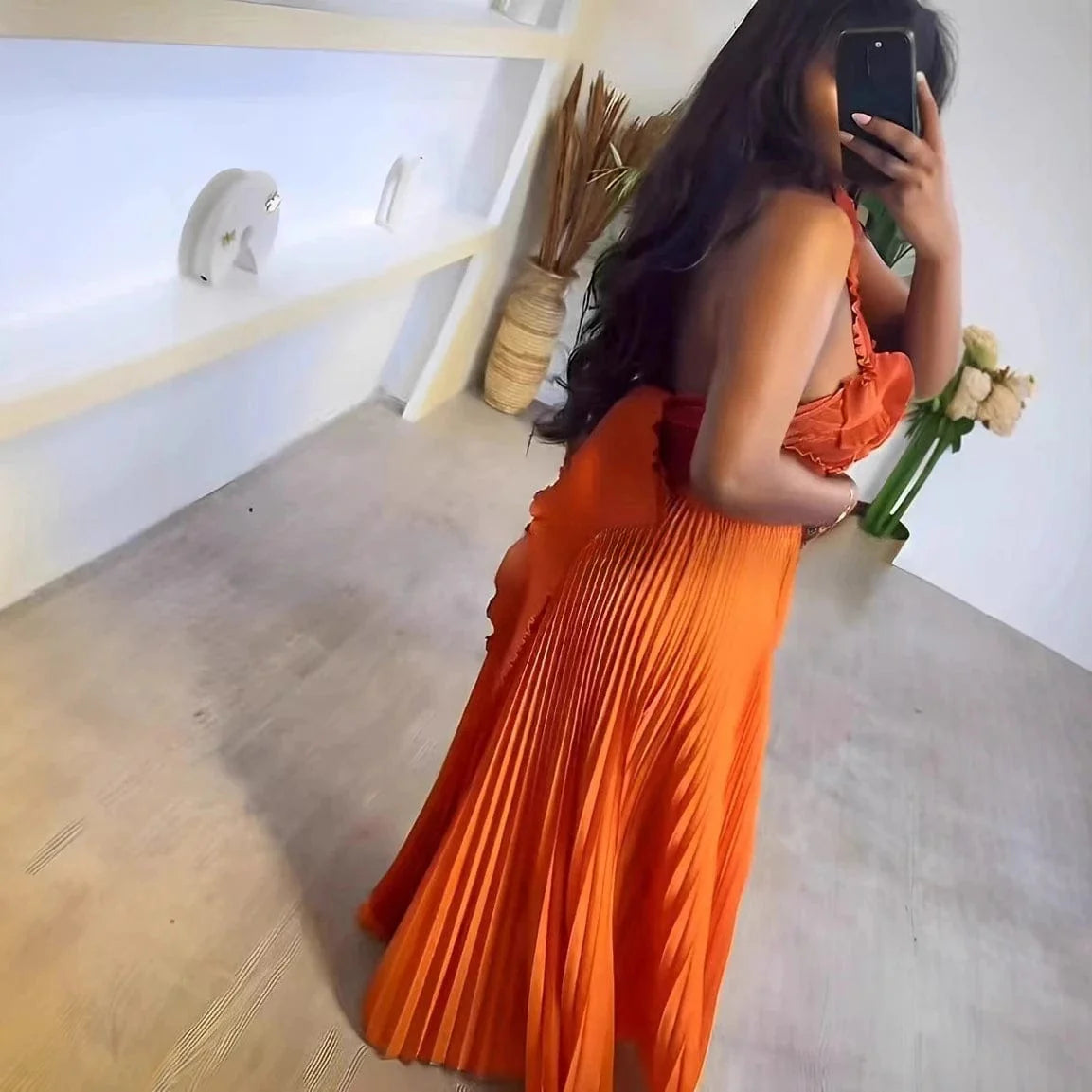 Miyake Pleated New Sexy Suspender V - neck Top Large Skirt Trousers Set Fashionable Solid Color Two Piece Sets Womens Outifits - SHOWLU FASHION STORE