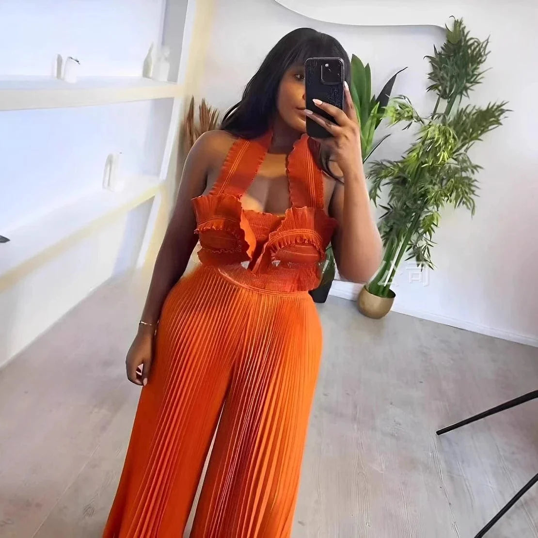 Miyake Pleated New Sexy Suspender V - neck Top Large Skirt Trousers Set Fashionable Solid Color Two Piece Sets Womens Outifits - SHOWLU FASHION STORE