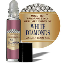 A roll-on bottle of Mobetter Fragrance Oils body oil with a label inspired by White Diamonds.