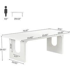 A white rectangular dining table with a modern pedestal base and labeled dimensions.