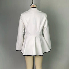 A white long-sleeved peplum jacket with black trim on a mannequin, viewed from the back.