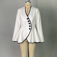 A white long-sleeved peplum jacket with a deep V-neck and black trim detail.