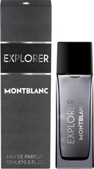 A bottle of Montblanc Explorer Eau de Parfum next to its grey textured product box.