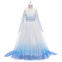 A white Elsa-inspired girls' party dress featuring long sleeves and a removable blue ombre cloak.