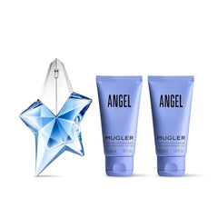 A Mugler Angel gift set featuring a star-shaped perfume bottle, body lotion, and shower gel.