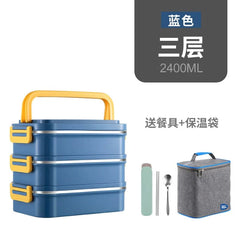 A blue three-layer stainless steel lunch box with a yellow handle, accompanied by cutlery and an insulated bag.