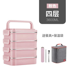 A pink four-layer insulated lunch box with a matching carrying bag and cutlery set.