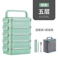 A five-layer green insulated lunch box with a carrying handle, including a set of cutlery and a thermal bag.