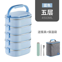 A five-layer blue insulated lunch box with a carrying handle, matching cutlery, and a thermal bag.