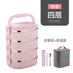 A pink four-layer stainless steel lunch box with a matching insulated bag and cutlery set.