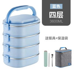 A blue four-layer stainless steel lunch box with a handle, including a carrying bag and utensils.