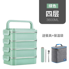 A four-layer green insulated lunch box with a matching carrying bag and cutlery set.