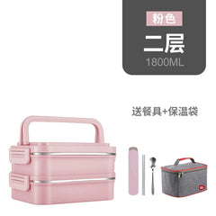 A pink two-layer insulated lunch box with a matching cutlery set and a grey carrying bag.