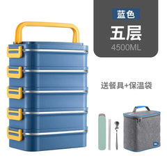 A blue five-layer insulated lunch box with a yellow handle, matching cutlery, and a thermal bag.
