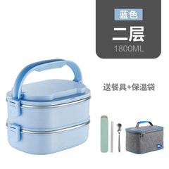 A blue two-layer stainless steel lunch box with a carrying handle, matching cutlery, and a bag.