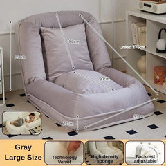 A gray velvet folding sofa bed with an adjustable backrest and dimensions shown in centimeters.