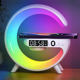 A G-shaped wireless charging station with an integrated digital clock and colorful RGB lighting.