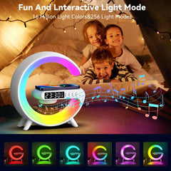 A G-shaped wireless charging station with a digital clock, speaker, and RGB light modes.