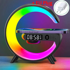 A G-shaped RGB night light with a wireless charging pad, digital clock, and Bluetooth speaker.