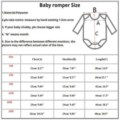 A size chart for a baby romper showing measurements for chest, shoulder, and length in centimeters.