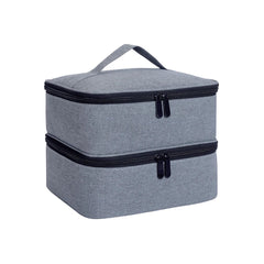 A grey, double-layered polyester cosmetic organizer bag with a top handle and zipper closures.