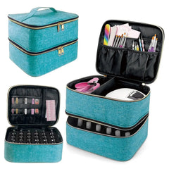A teal double-layer cosmetic organizer bag with zippered compartments for nail art supplies.