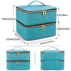 A teal double-layer cosmetic organizer bag with gold zippers and labeled dimensions.