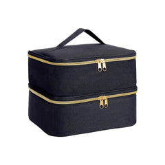 A black, double-layered cosmetic organizer bag with gold zippers and a top handle.