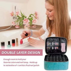 A teal double-layer cosmetic organizer bag for storing nail polish bottles and tools.